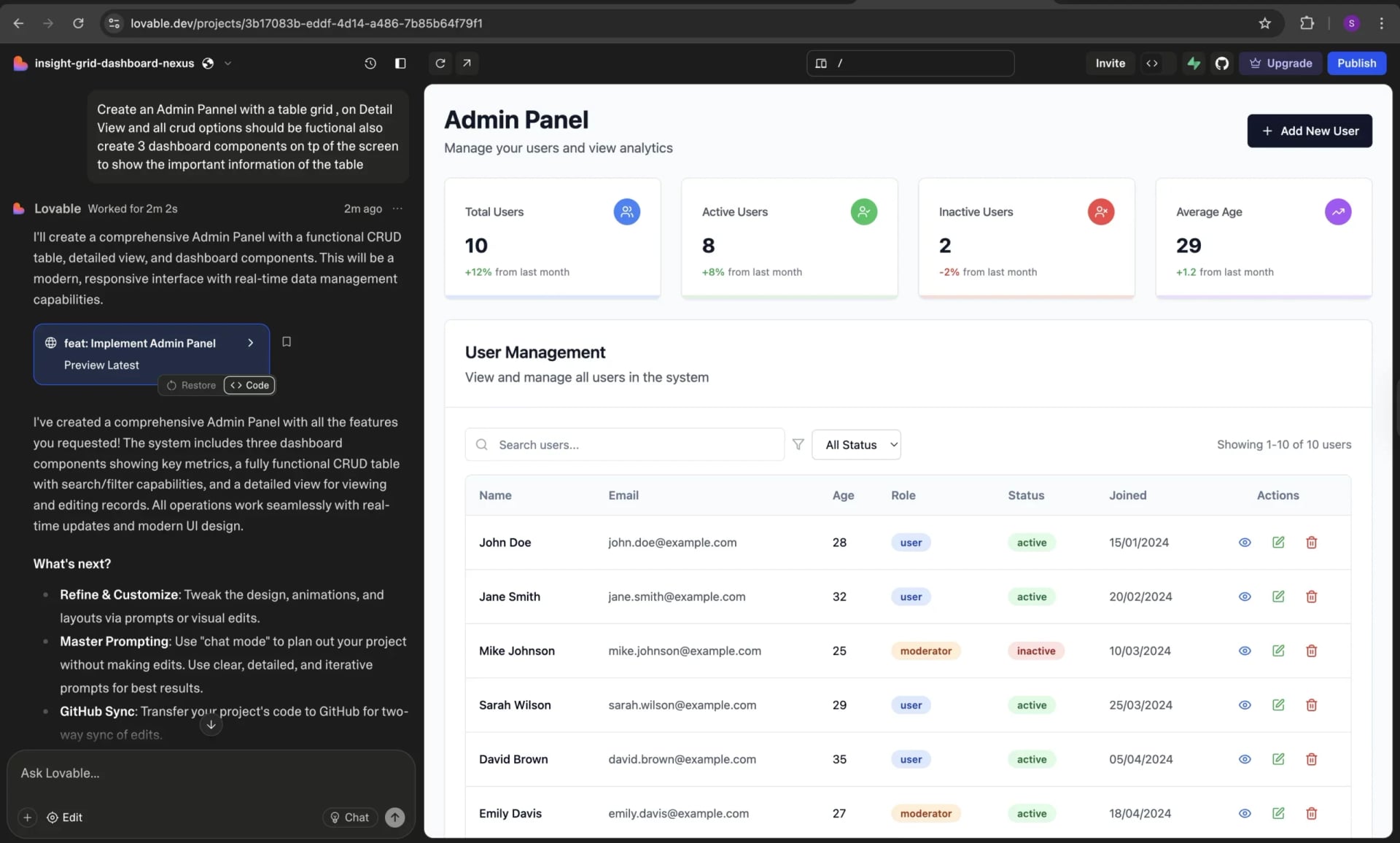 Admin panel built during the session