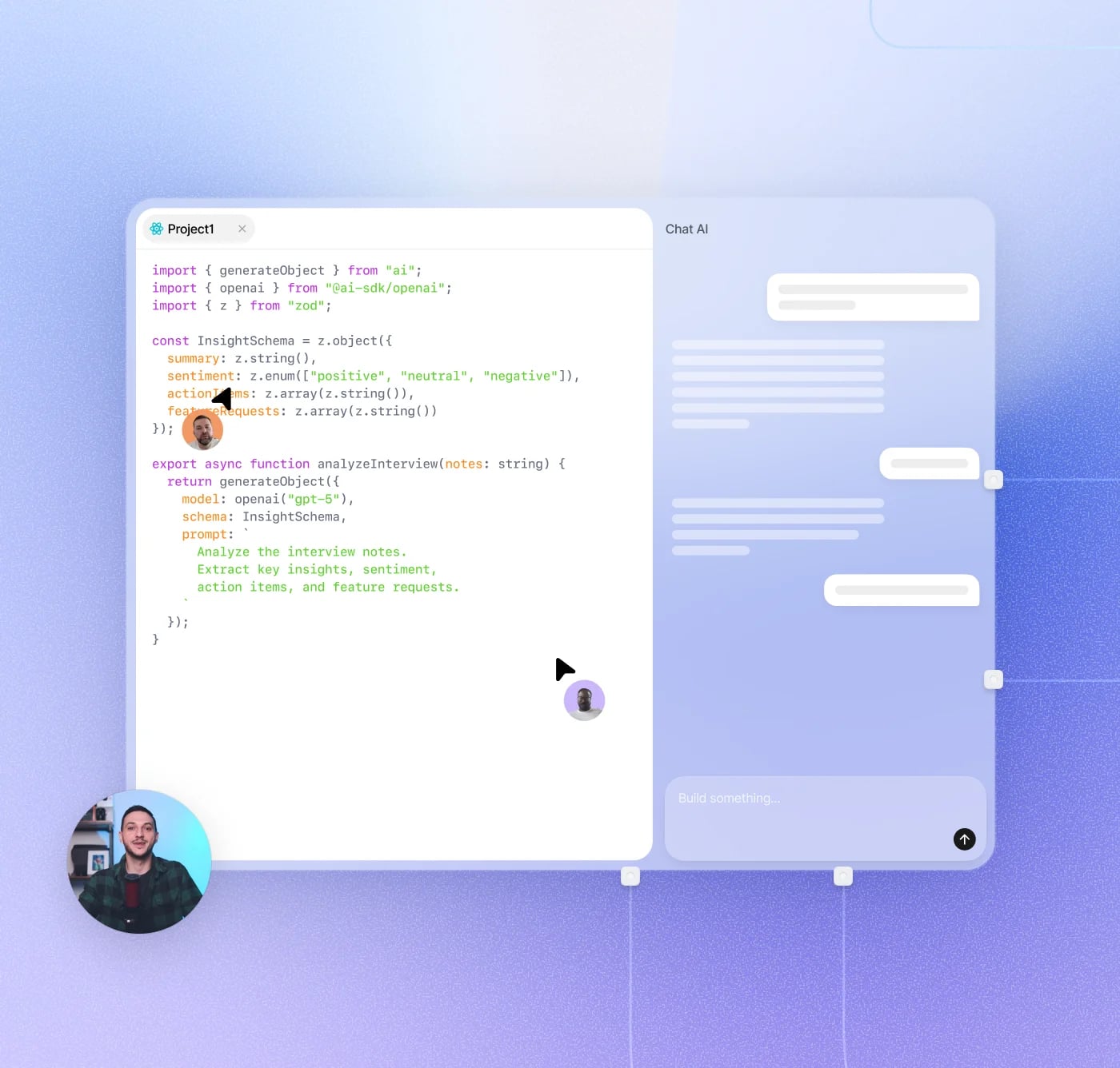 Hands-on project workspace with a code editor and AI chat, with students collaborating live