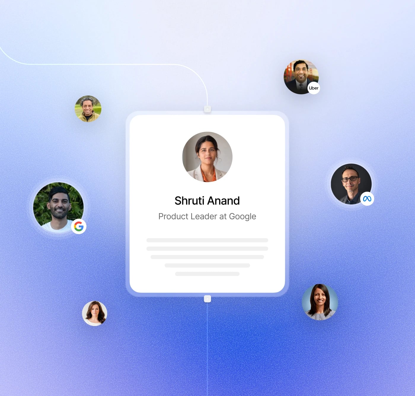 Instructor profile card surrounded by product leaders from companies like Uber, Google, and Meta