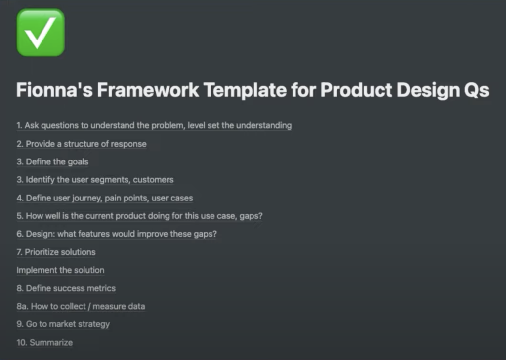 Fionna's 10-step framework for a product design question 