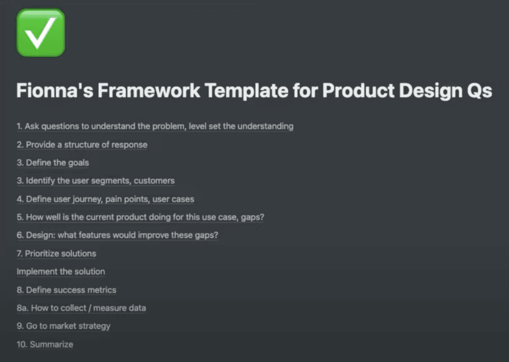 Fionna's 10-step framework for a product design question