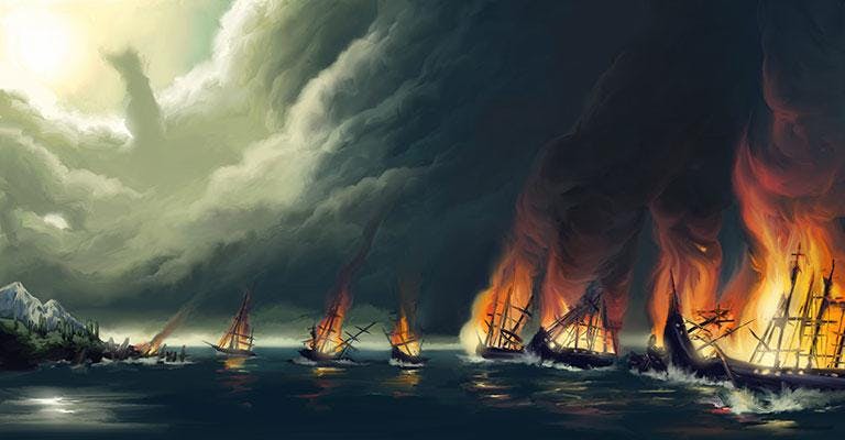 Burning ships of Hernan Cortes