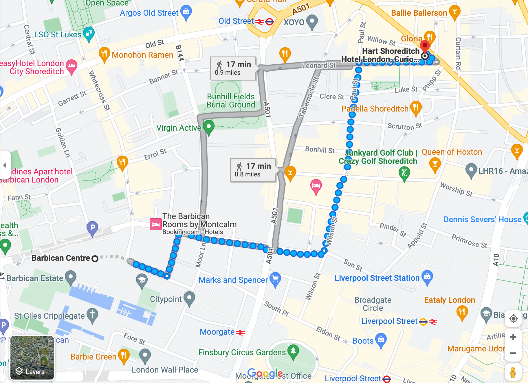 Google maps directions from Barbican Centre to Hart Shoreditch Hotel London