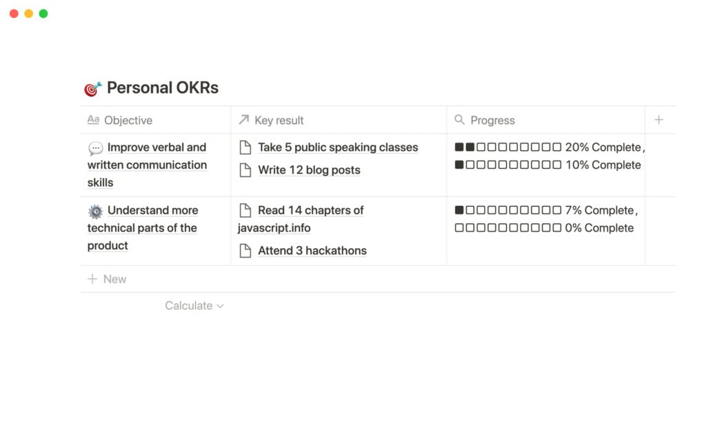 snapshot from Notion template