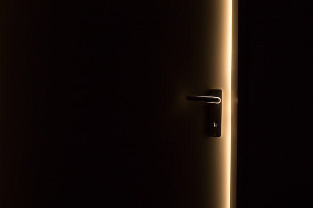darkness, but for a sliver of light that escapes a crack in the door and illuminates the handle