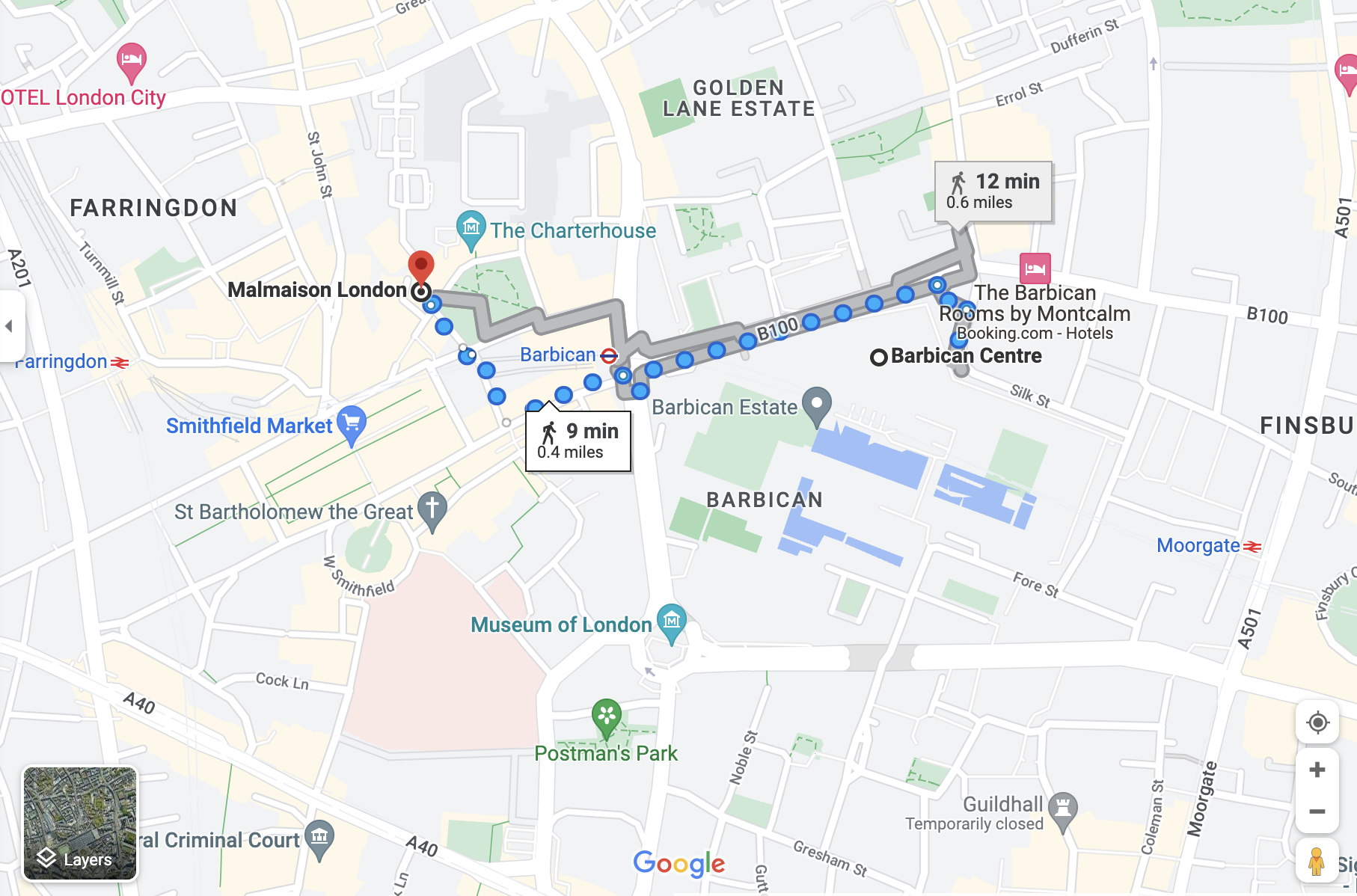Google maps directions from Barbican Centre to Malmaison London