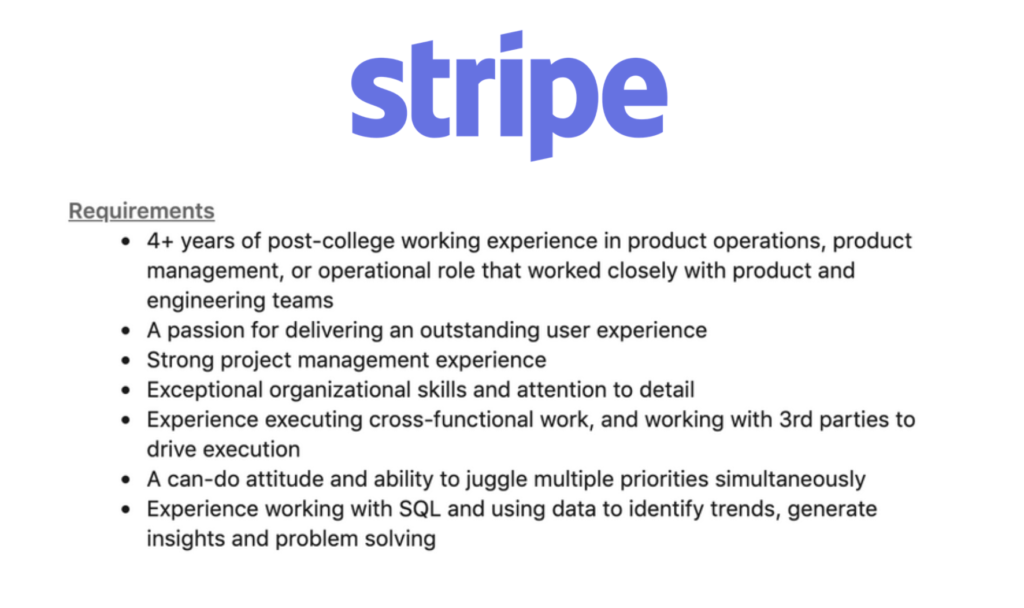 Stripe job description for Product Operations Manager