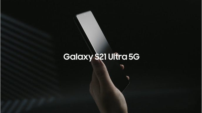 Ad for Galaxy S21 Phone. Dark background with phone in center. The ad says: "Galaxy S21 Ultra 5G"