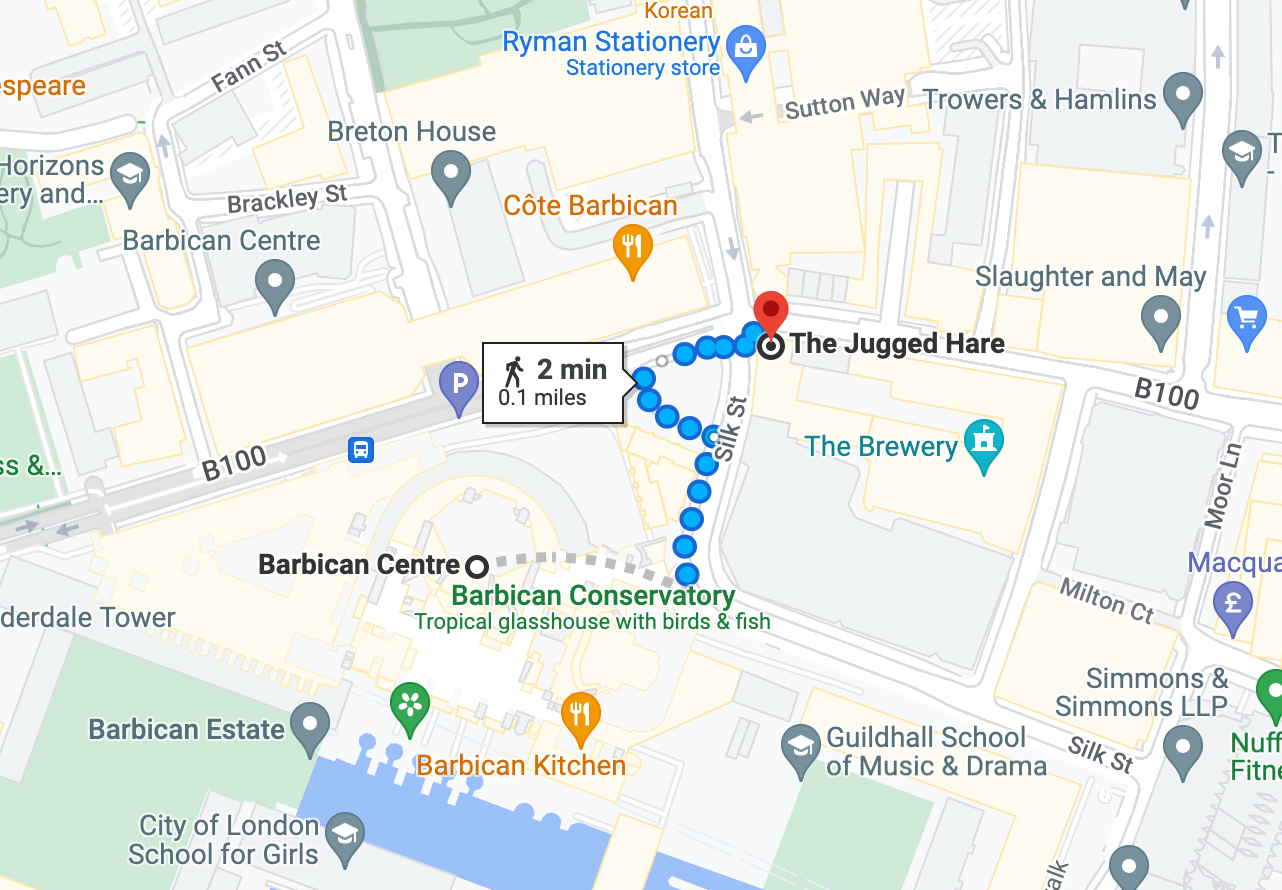 Google maps directions from Barbican Centre to the Jugged Hare