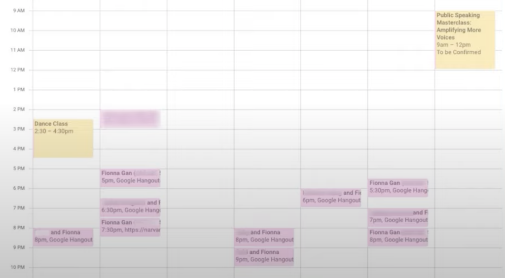 Snapshot of Fiona's schedule in March