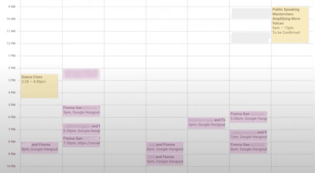 Snapshot of Fiona's schedule in March
