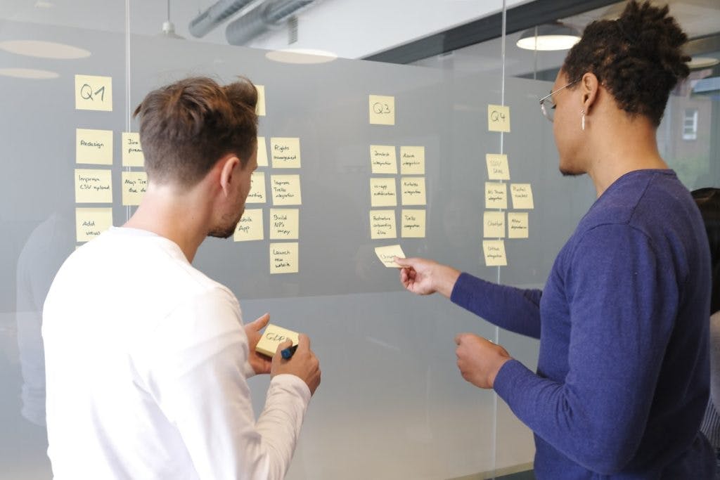 two people standing in front of glass office wall, with backs to the camera. they are looking at post-its stuck to the wall, broken down into the categories Q1, Q2, Q3, and Q4