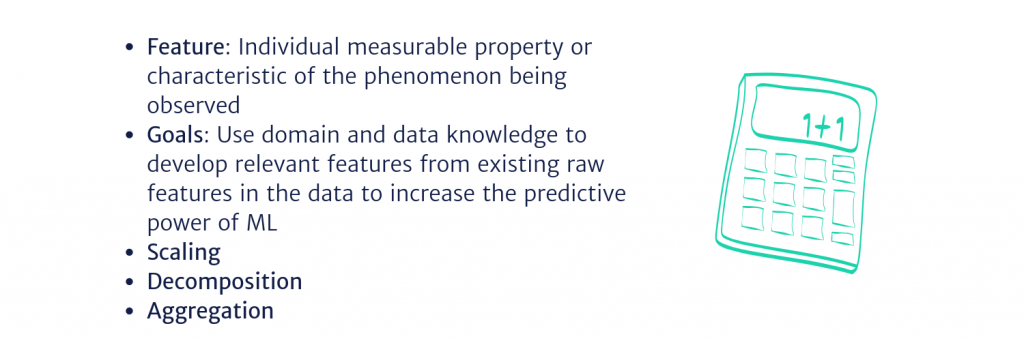 Feature: Individual measurable property or characteristic of the phenomenon being observed Goals: Use domain and data knowledge to develop relevant features from existing raw features in the data to increase the predictive power of MLScalingDecompositionAggregation