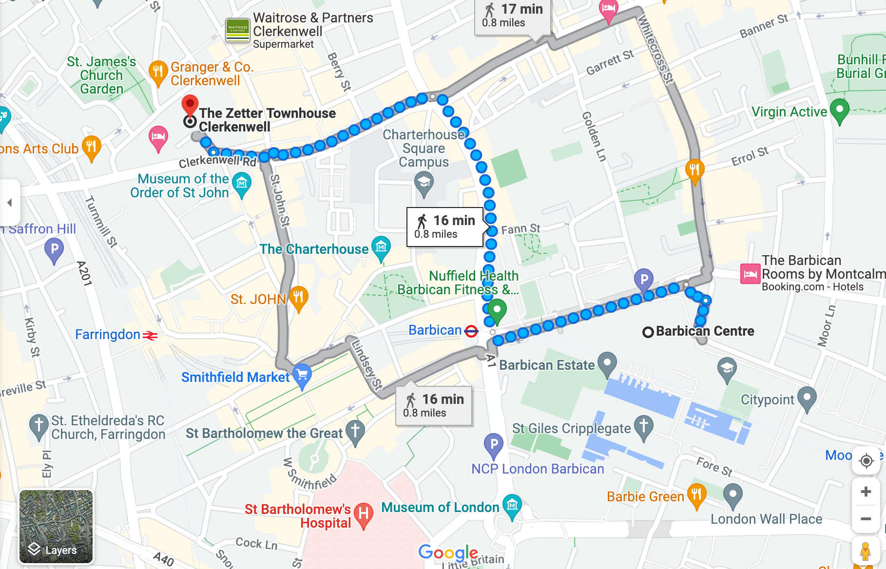 Google maps directions from Barbican Centre to the Zetter Townhouse Hotel