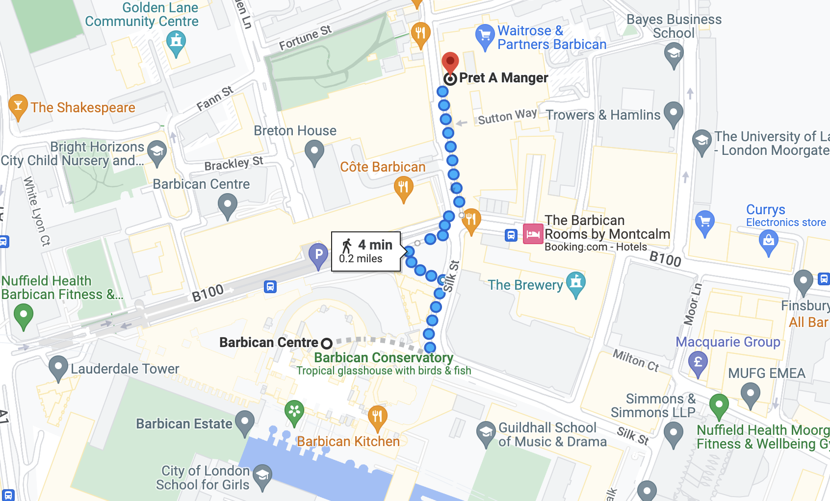 Google maps directions from Barbican Centre to Pret A Manger
