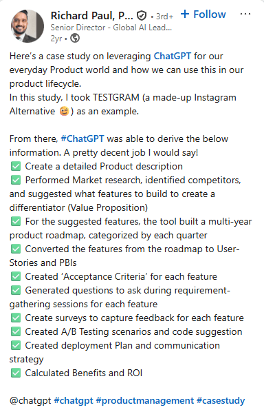 Blog image: Chatgpt for product managers > social media screenshot > richard paul