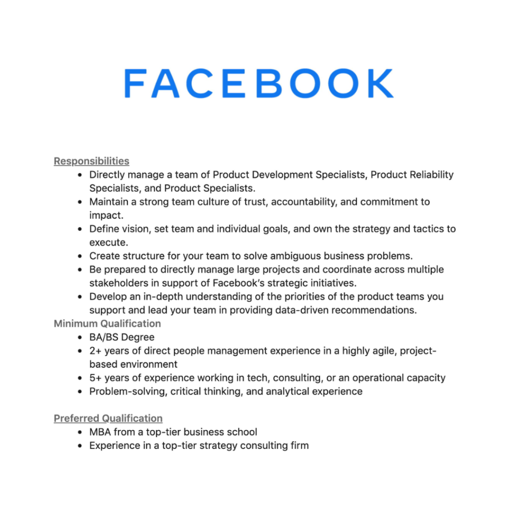Facebook Product Ops requirements