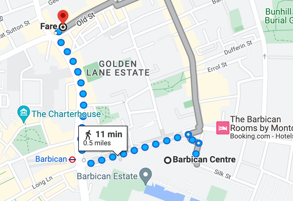 Google maps directions from Barbican Centre to Fare