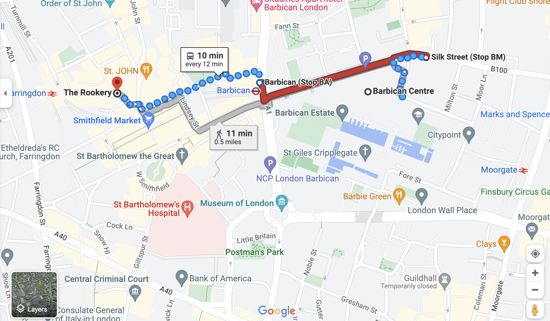 Google maps directions from Barbican Centre to The Rookery